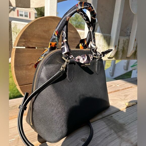 Karl Lagerfeld PARIS Black Leather Dome Satchel Bag - Picture 3 of 9